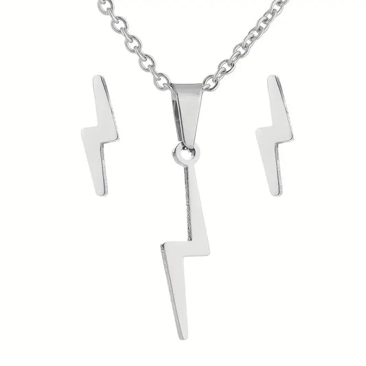 Stainless Steel Lightning Bolt Necklace and Earring Set