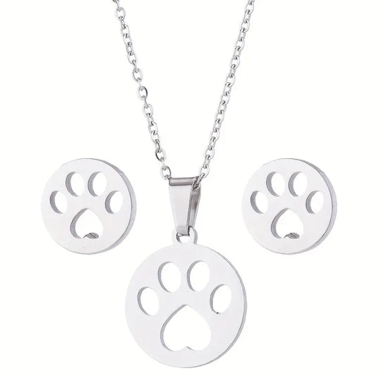 3pcs/Set Stainless Steel Cute Dog Paw Pendant Necklace And Stud Earrings