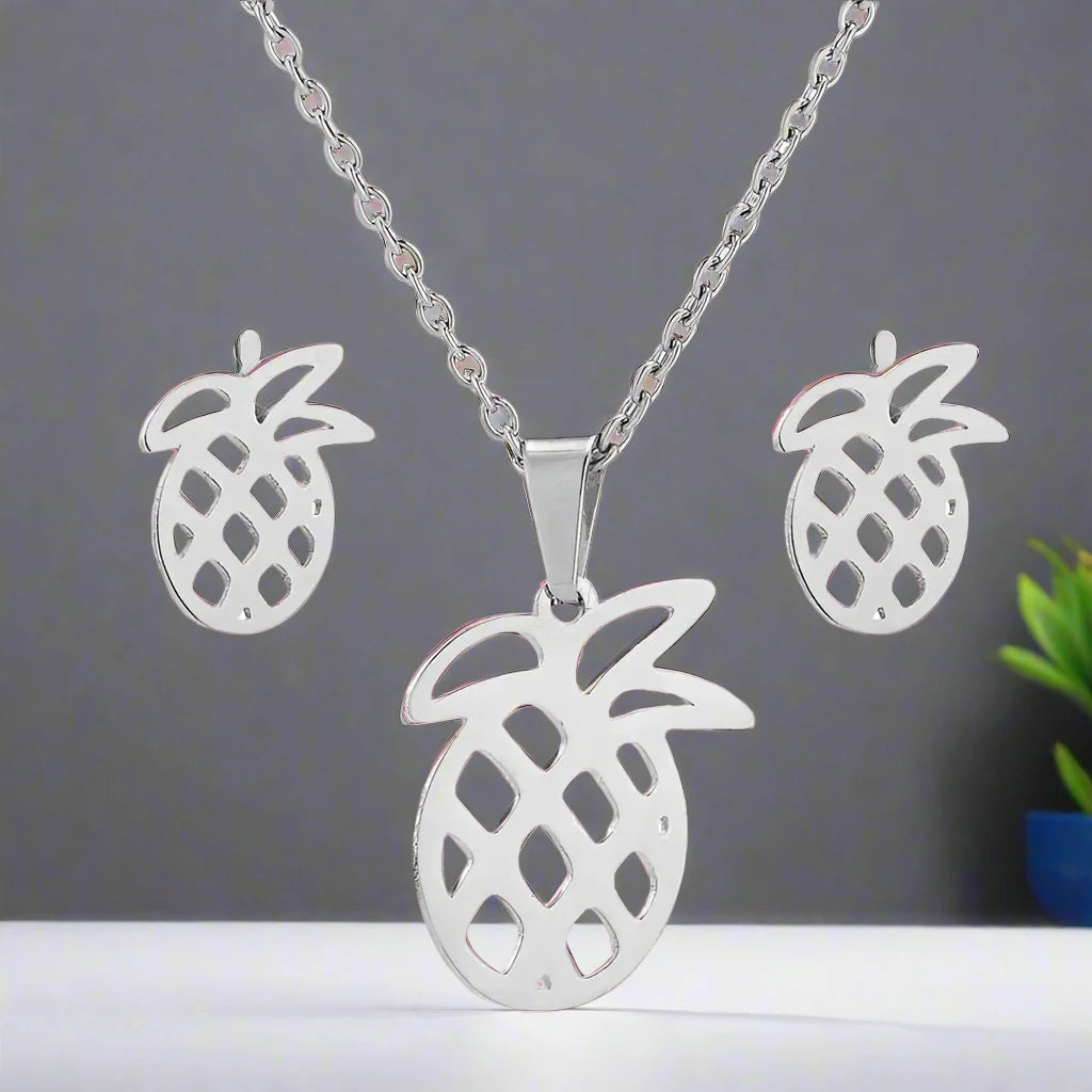 3pc Stainless Steel Pineapple Necklace and Earring Set