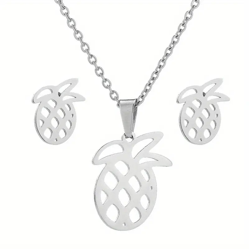 3pc Stainless Steel Pineapple Necklace and Earring Set