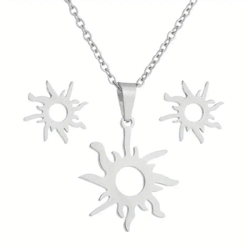 Stainless Steel Sun Pendant Necklace and Earrings