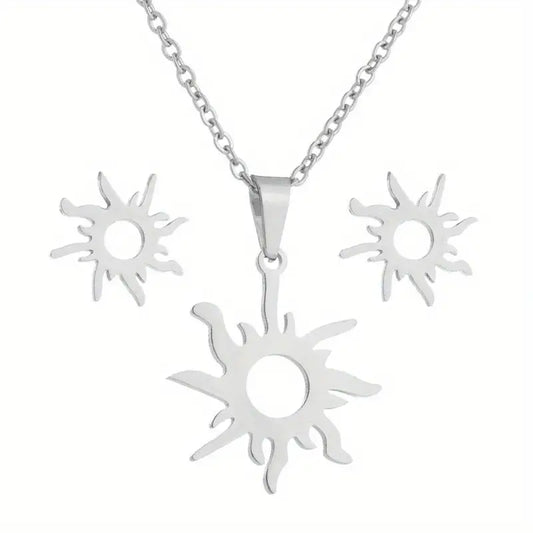 Stainless Steel Sun Pendant Necklace and Earrings