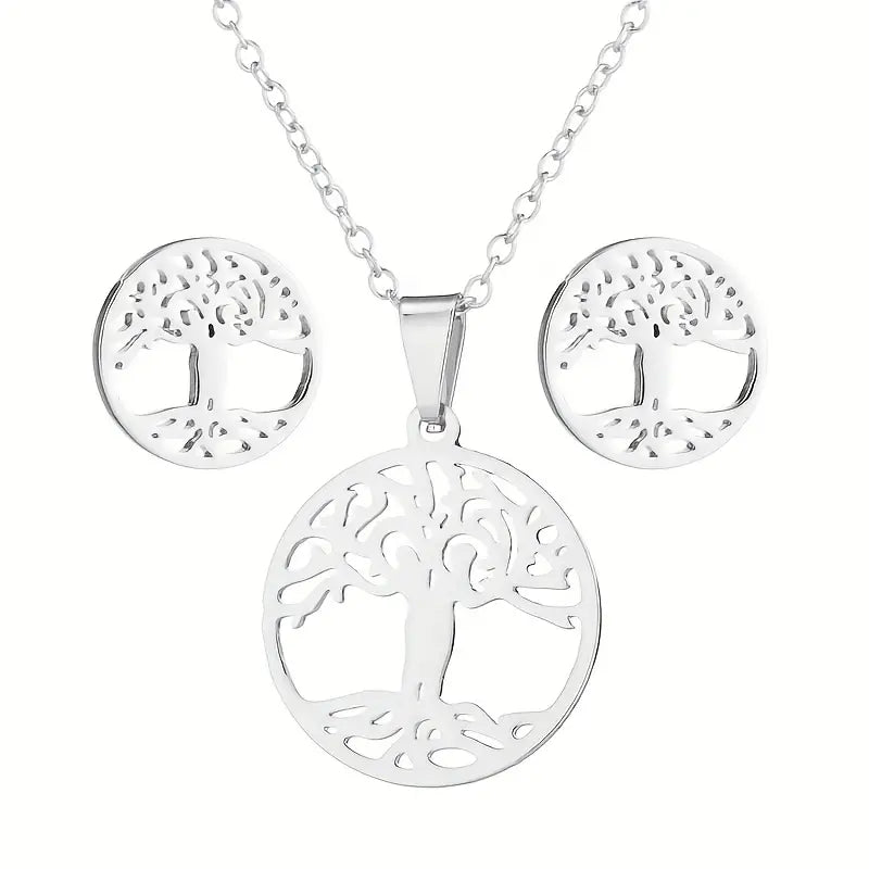 3pcs New Stainless Steel Tree of Life Necklace and Earring Set