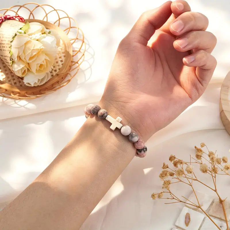 Natural Agate Zebra Stone Cross Stone Bead Bracelet