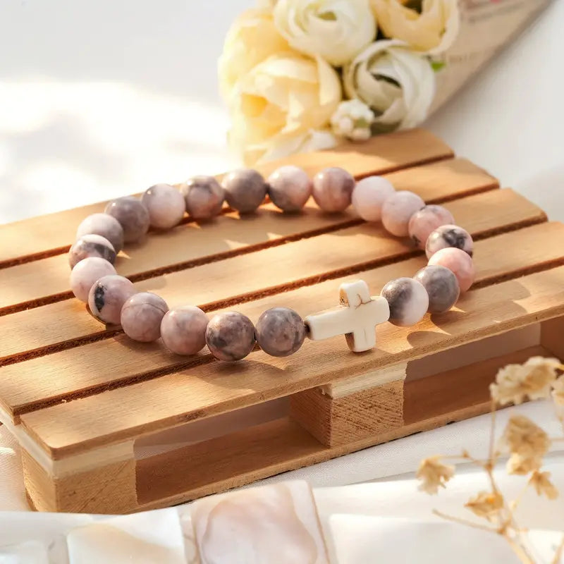 Natural Agate Zebra Stone Cross Stone Bead Bracelet