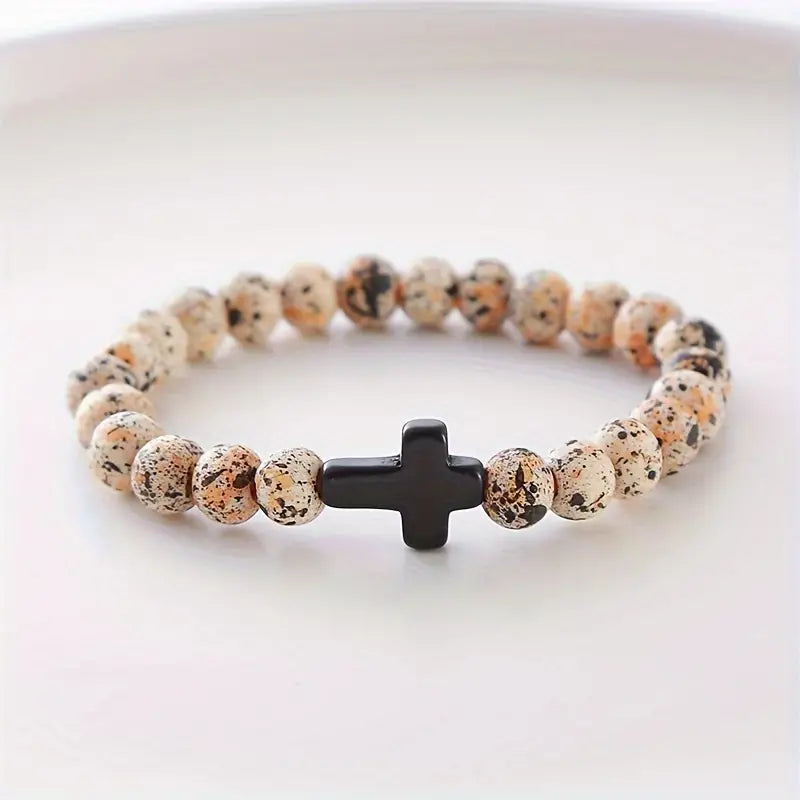 Black Cross Cream Speckled Bead Bracelet