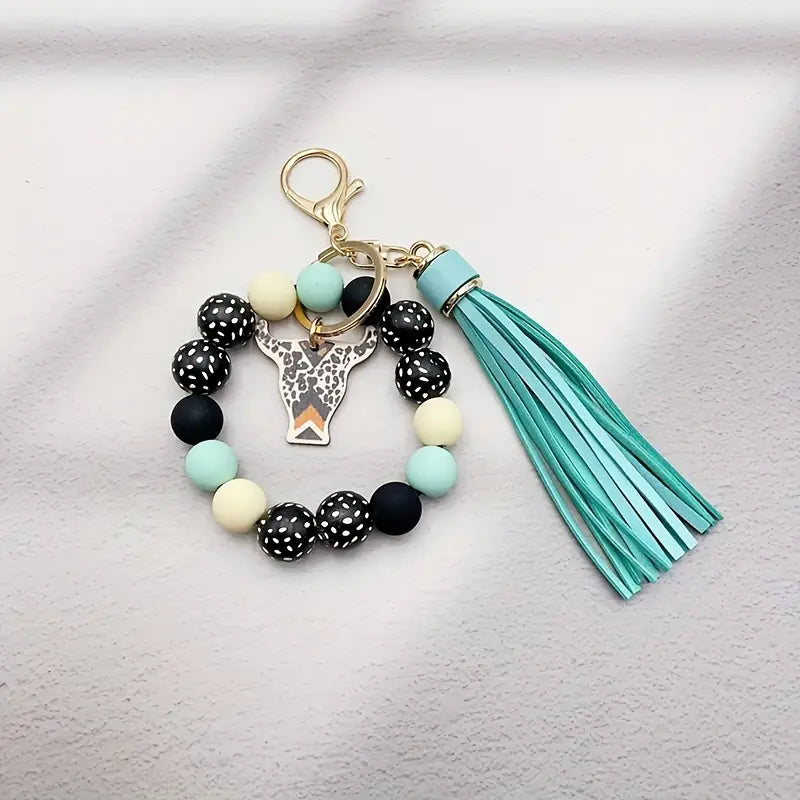 Bull Head Wood Beaded Wristlet Keychain