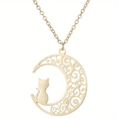 Stainless Steel Cat on the Moon Necklace