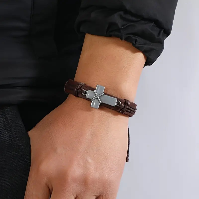 Vintage Cross Charm Braided Leather Bracelet Drawstring Adjustable Bracelet