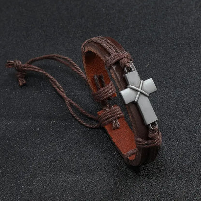 Vintage Cross Charm Braided Leather Bracelet Drawstring Adjustable Bracelet