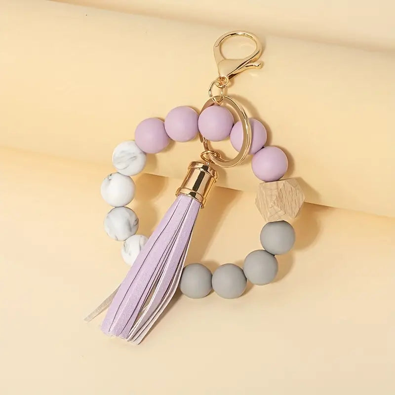 Light Purple Silicone Leather Tassel Bracelet Keychain