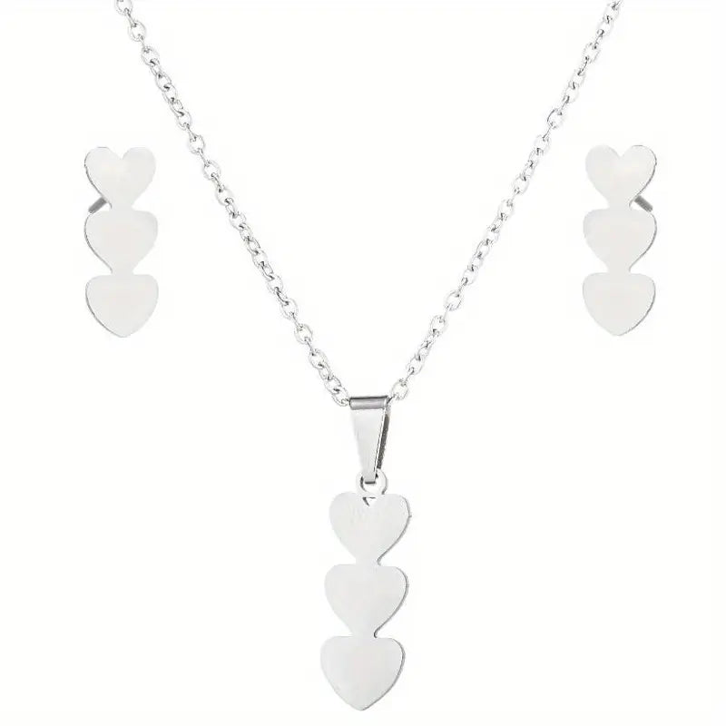 3pcs New Stainless Steel Triple Closed Heart Necklace and Earring Set