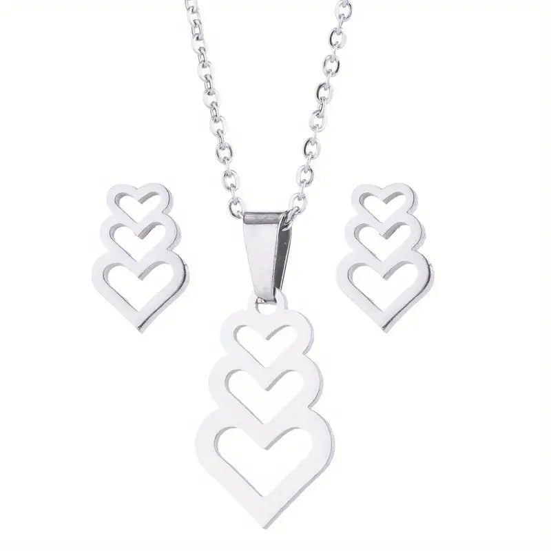 Stainless Steel Triple Open Heart Necklace Set